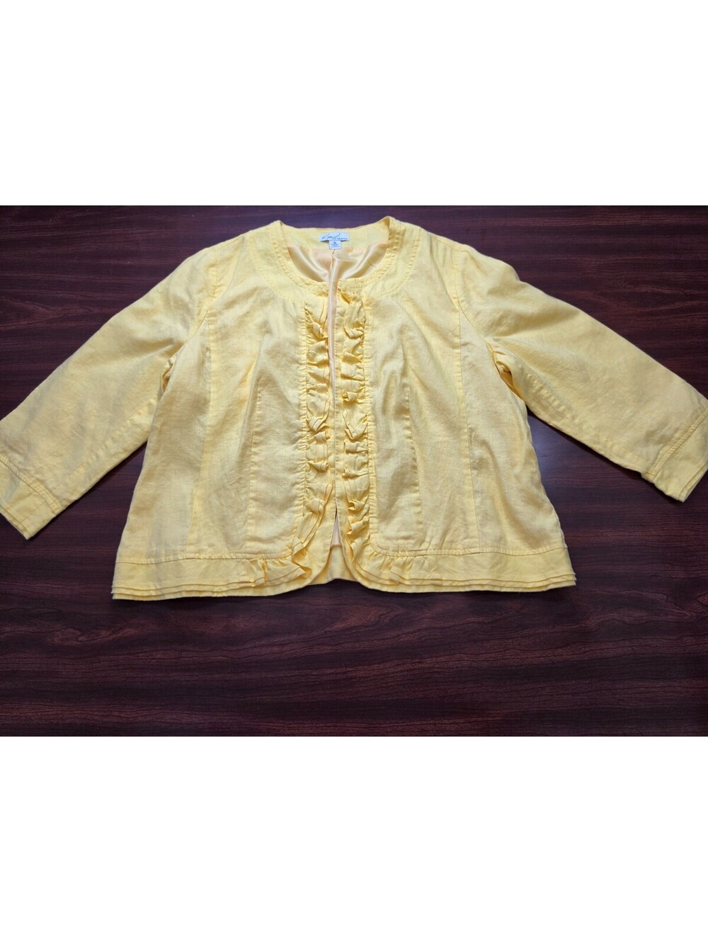 Kim Rogers Yellow 100% Linen Ruffle Open Front Blazer Jacket Lined XL Minimalist